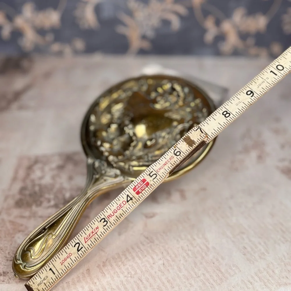 Antique Art Nouveau Repousse Vanity Hand Mirror Maiden Floral